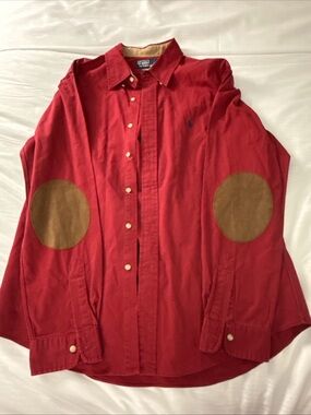 Ralph Lauren Custom Fit Mens Long Sleeve Button Shirt Elbow Patches Red Large L